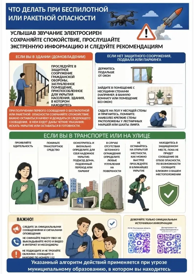 Уважаемые жители и гости Донской столицы!  При угрозе беспилотной или ракетной опасности действуйте спокойно и только по официальным сообщениям.